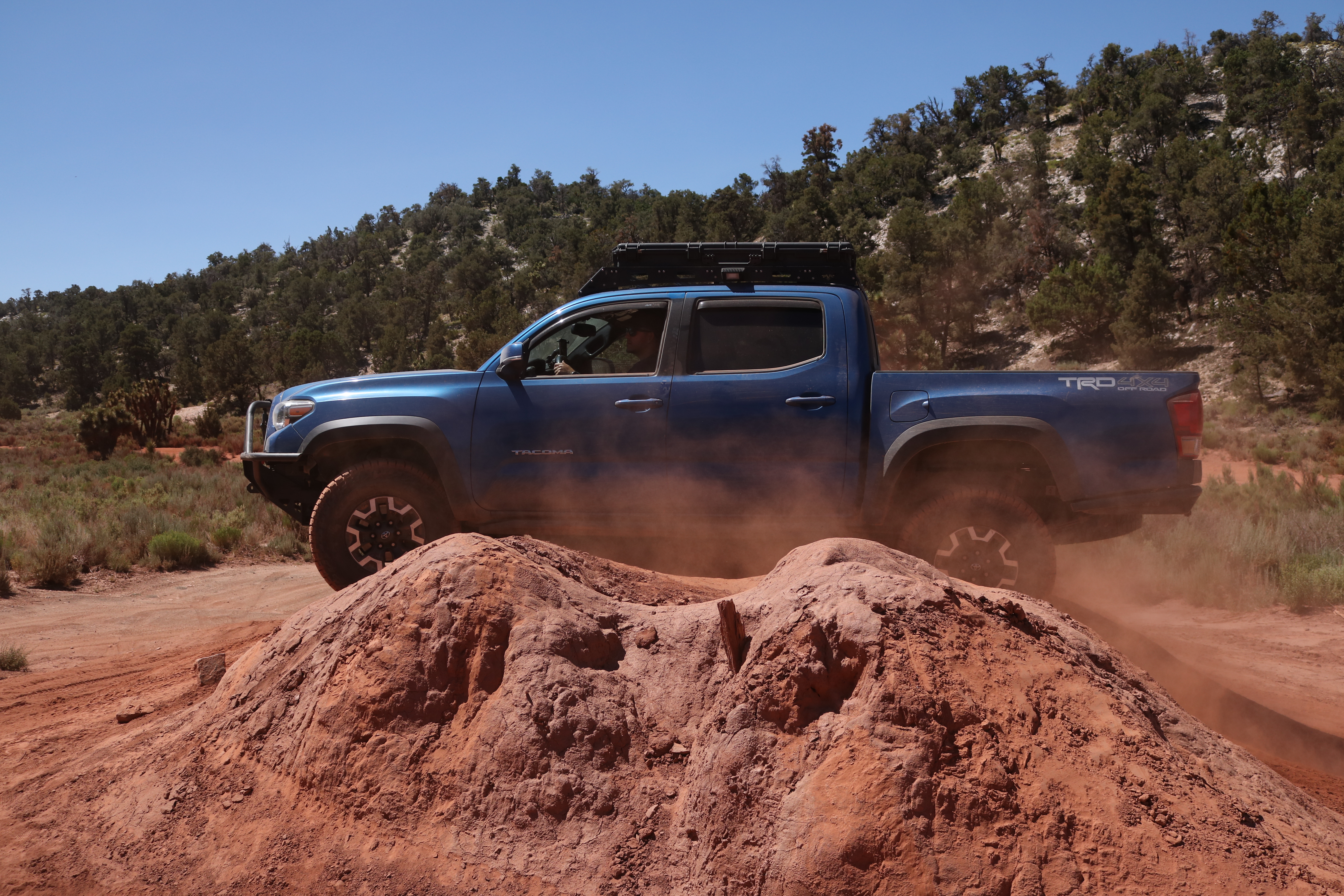 Blue Toyota Tacoma on a dirt trail