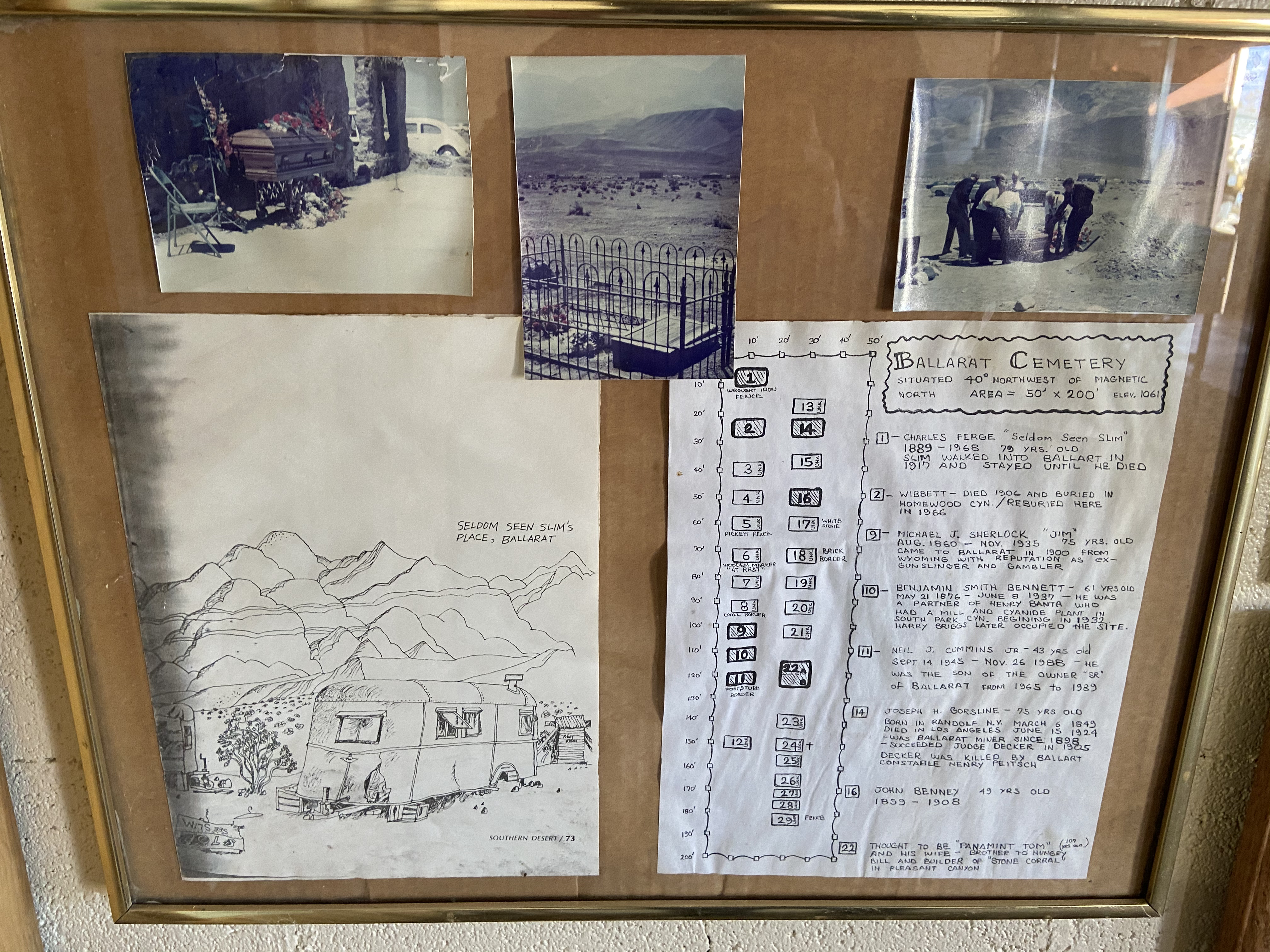 Flyers/photos/articles framed on a wall.